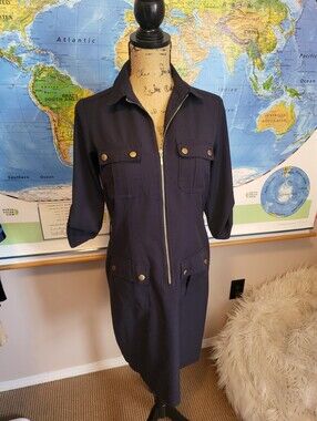 Sharagano Navy Utility Zip-Front Jacket Dress, Size 8P